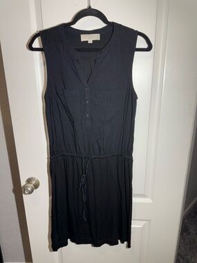 LOFT Black Sleeveless Button-Front Drawstring Dress Stretch